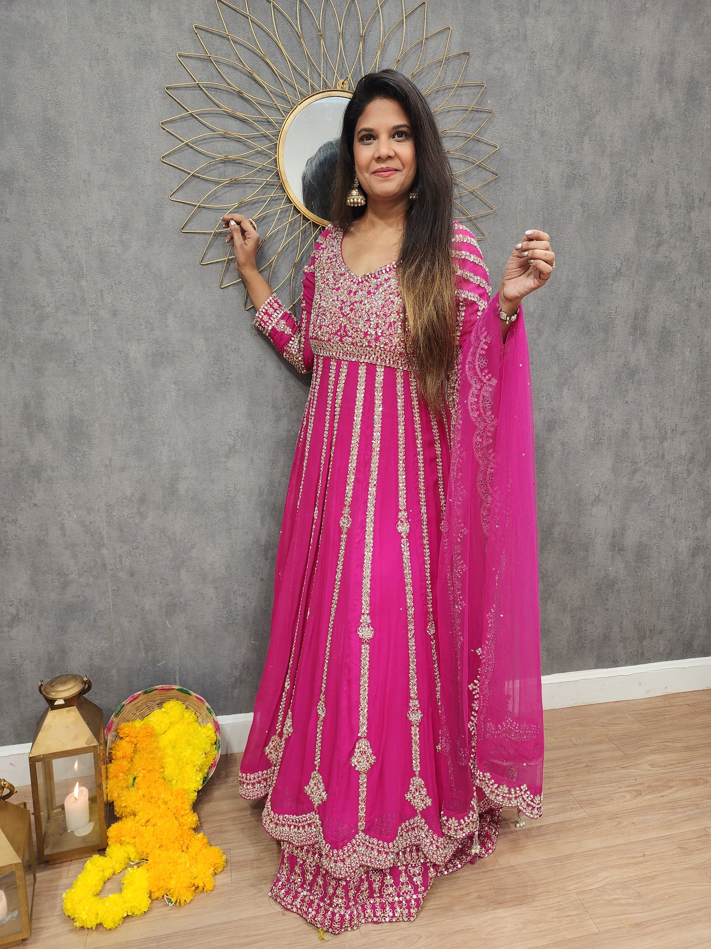 Mannat pink long anarkali with skirt indowestern suit