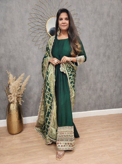 Green anarkali suit with weaving dupatta