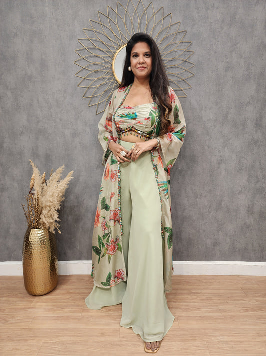 Floral print mehendi green 3pc indowestern dress