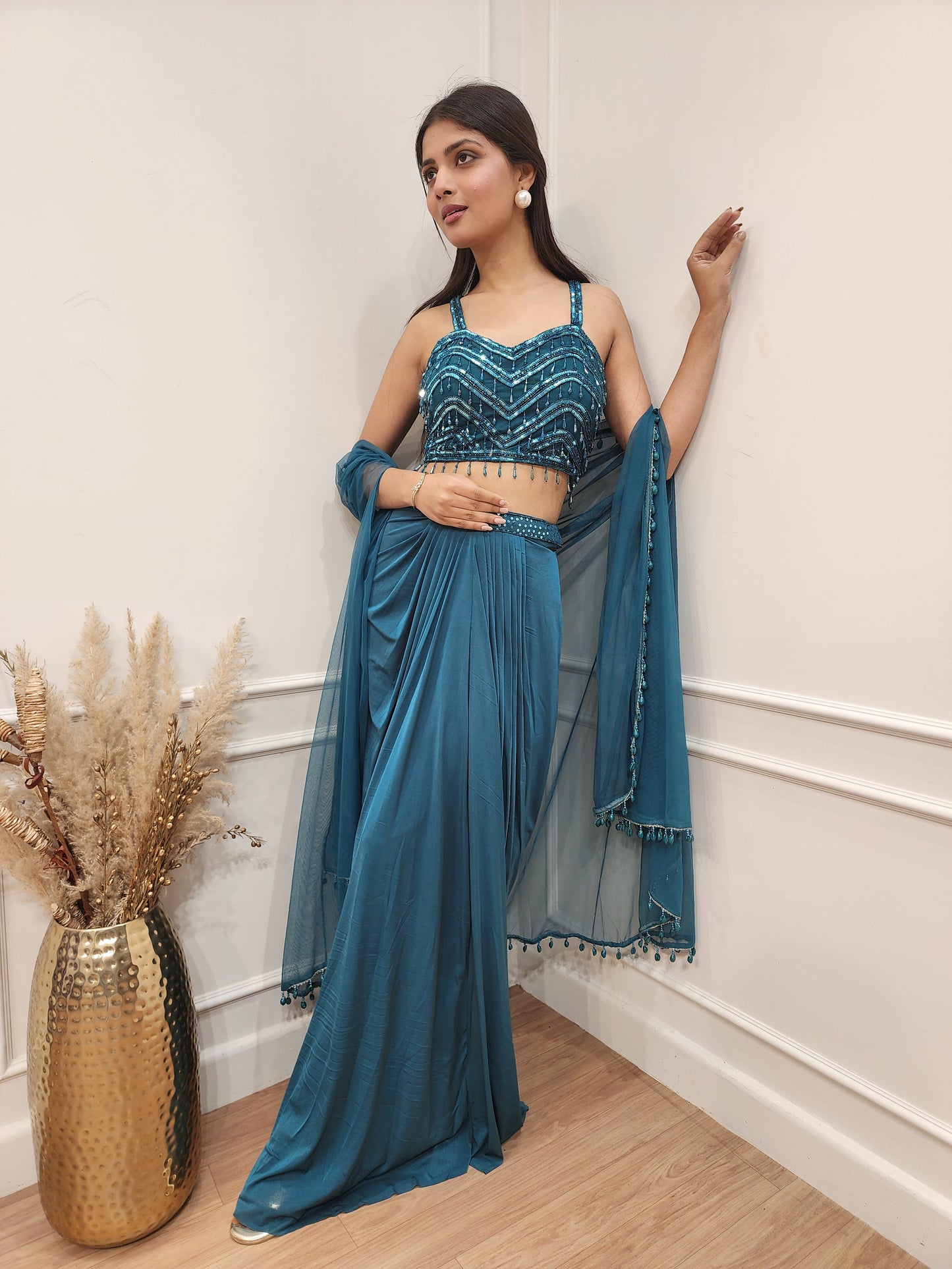 Dilbara green 3pc indowestern cape dress