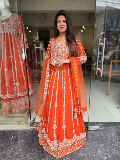 Mannat orange 3/4th anarkali suit with skirt and dupatta