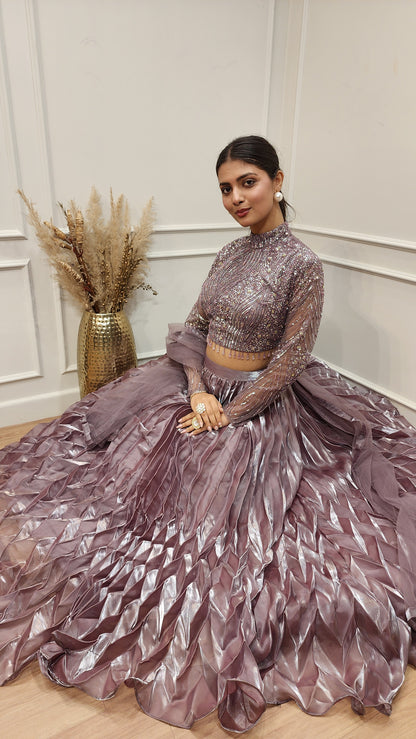 Meghna Mauve embellished jimmy choo pleated lehenga