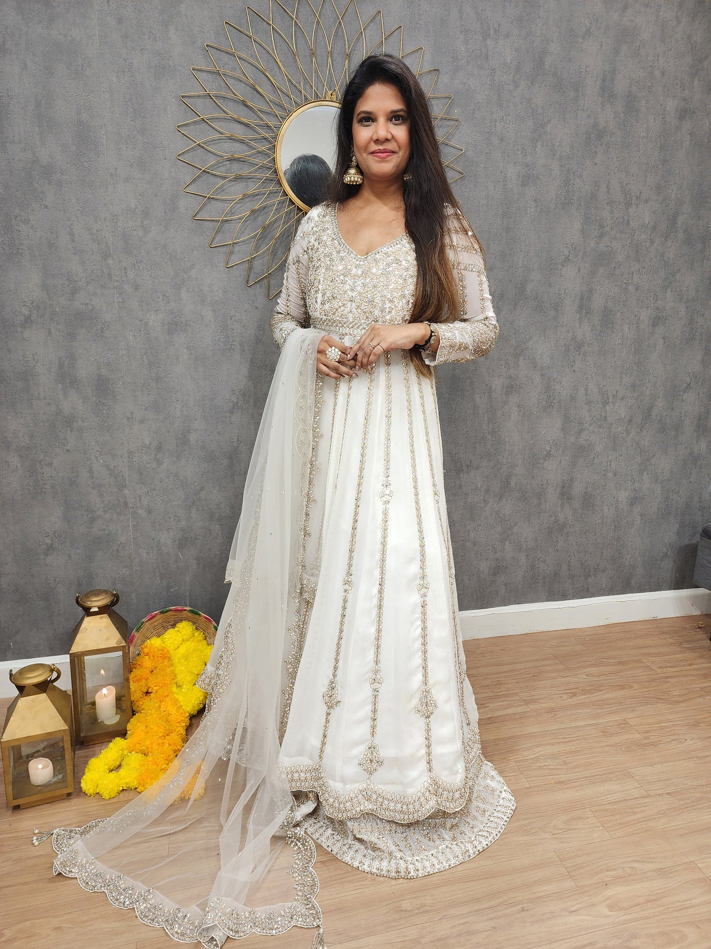 Mannat off white long anarkali with skirt indowestern suit