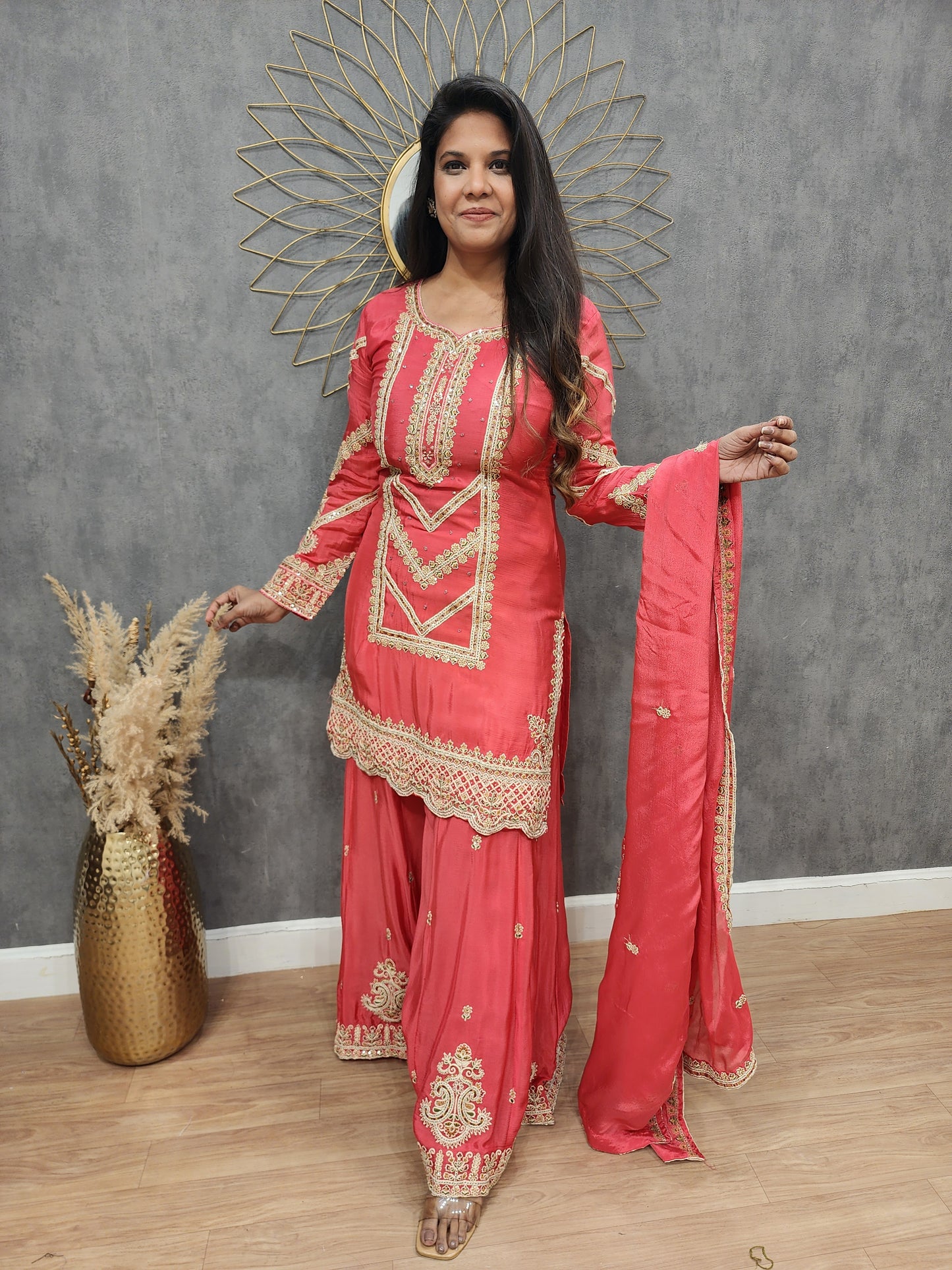 Rust orange Embroided straight sharara suit