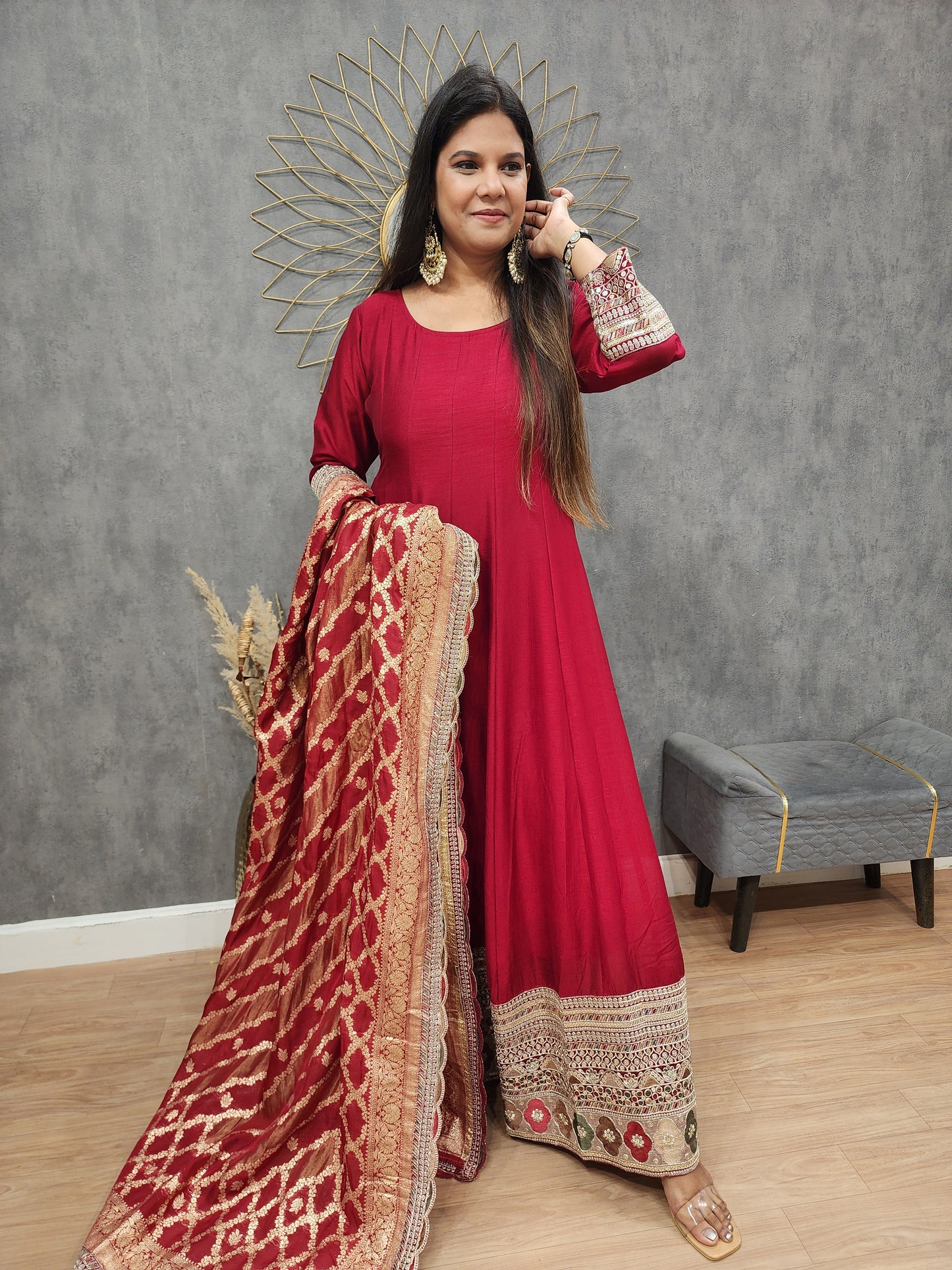 Dark maroon anarkali border suit with weaving dupatta