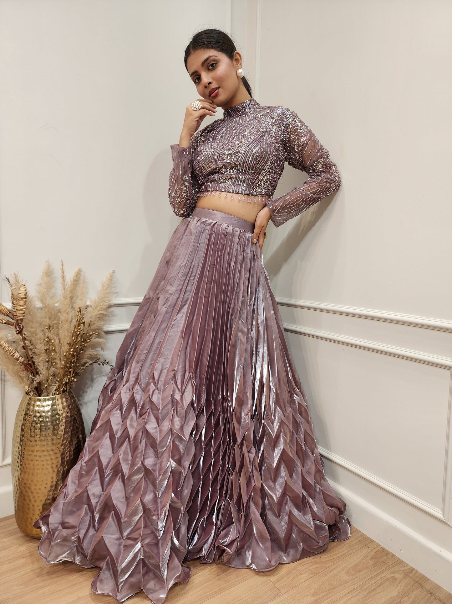 Meghna Mauve embellished jimmy choo pleated lehenga