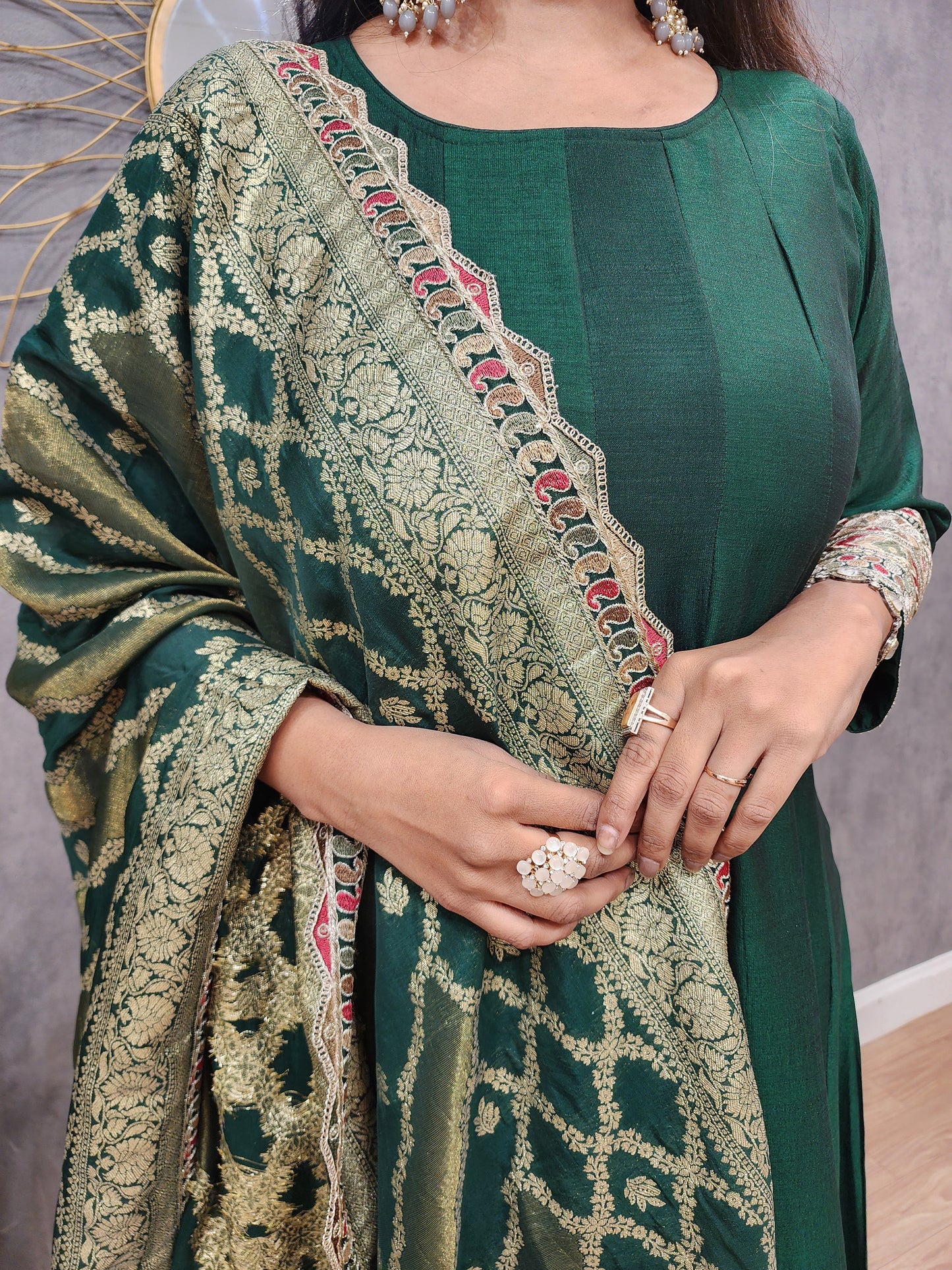 Green anarkali suit with weaving dupatta