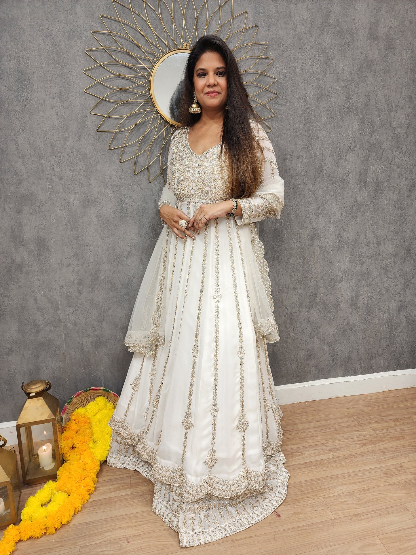 Mannat off white long anarkali with skirt indowestern suit