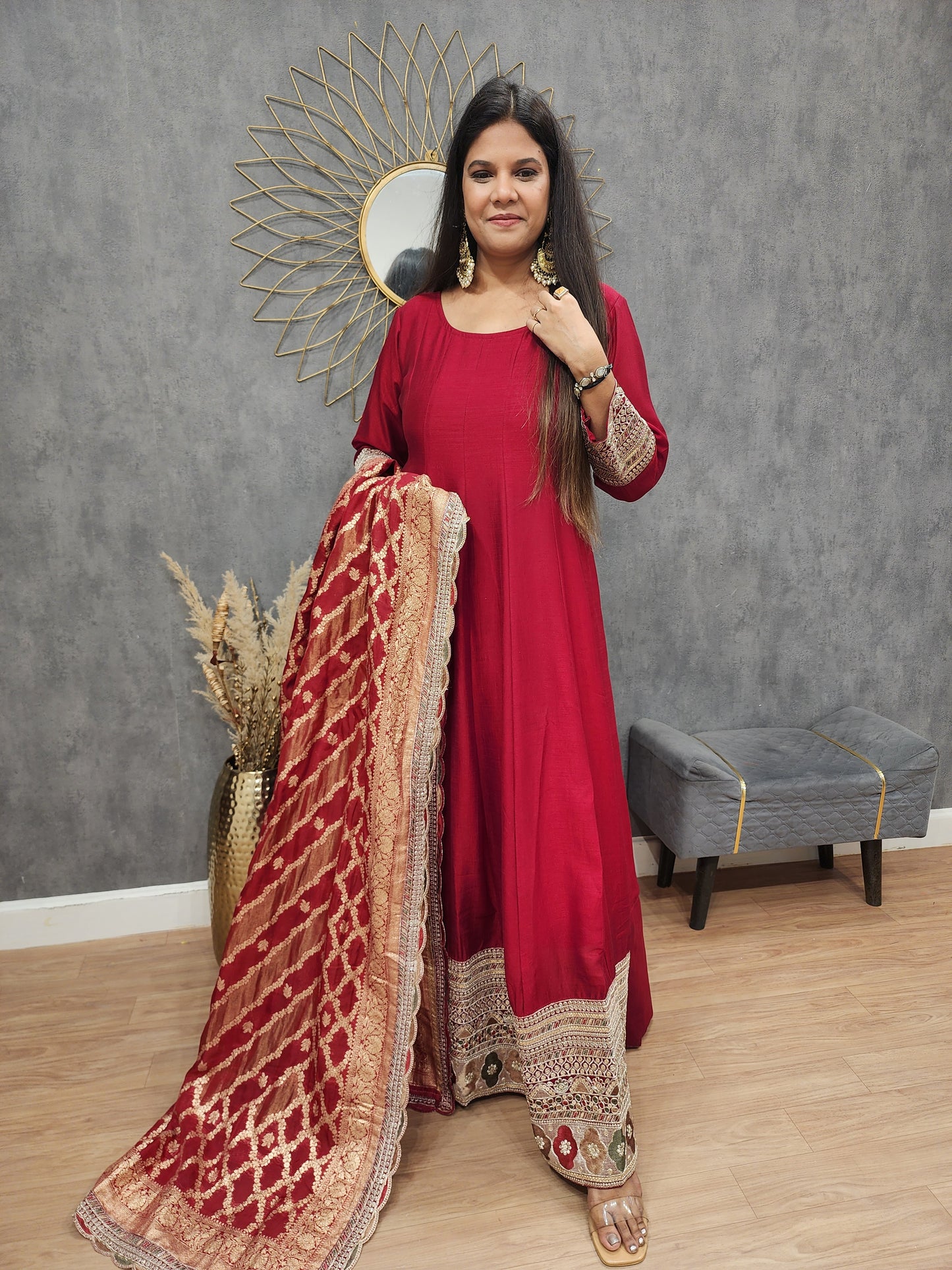 Dark maroon anarkali border suit with weaving dupatta