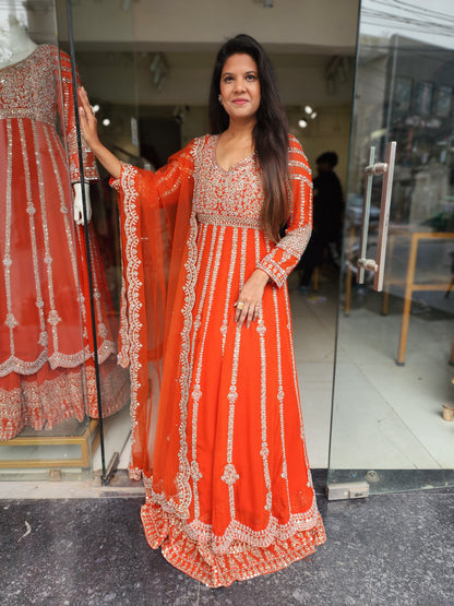 Mannat orange 3/4th anarkali suit with skirt and dupatta