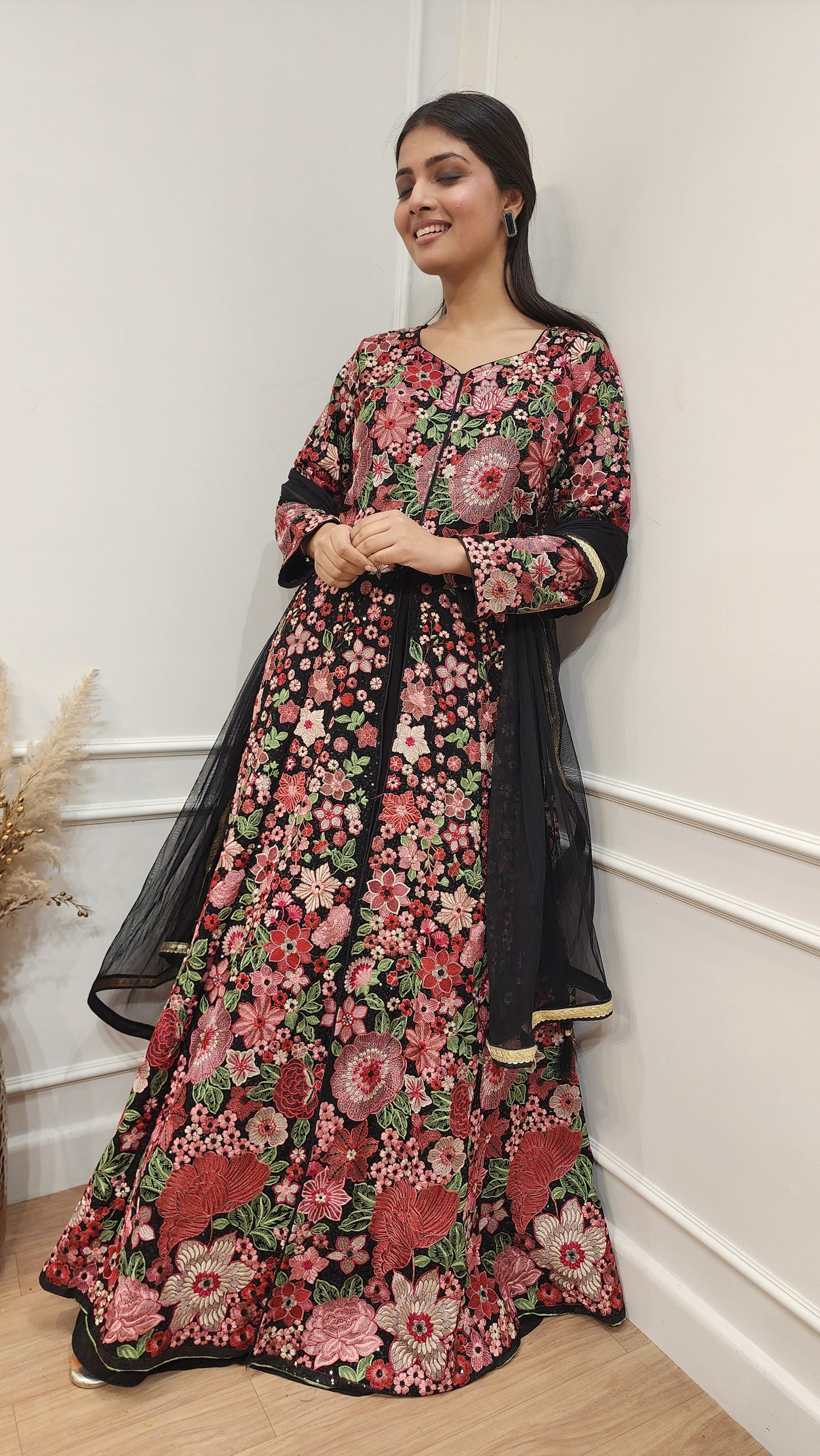 Aishwarya Black Centre slit Embroided indowestern dress