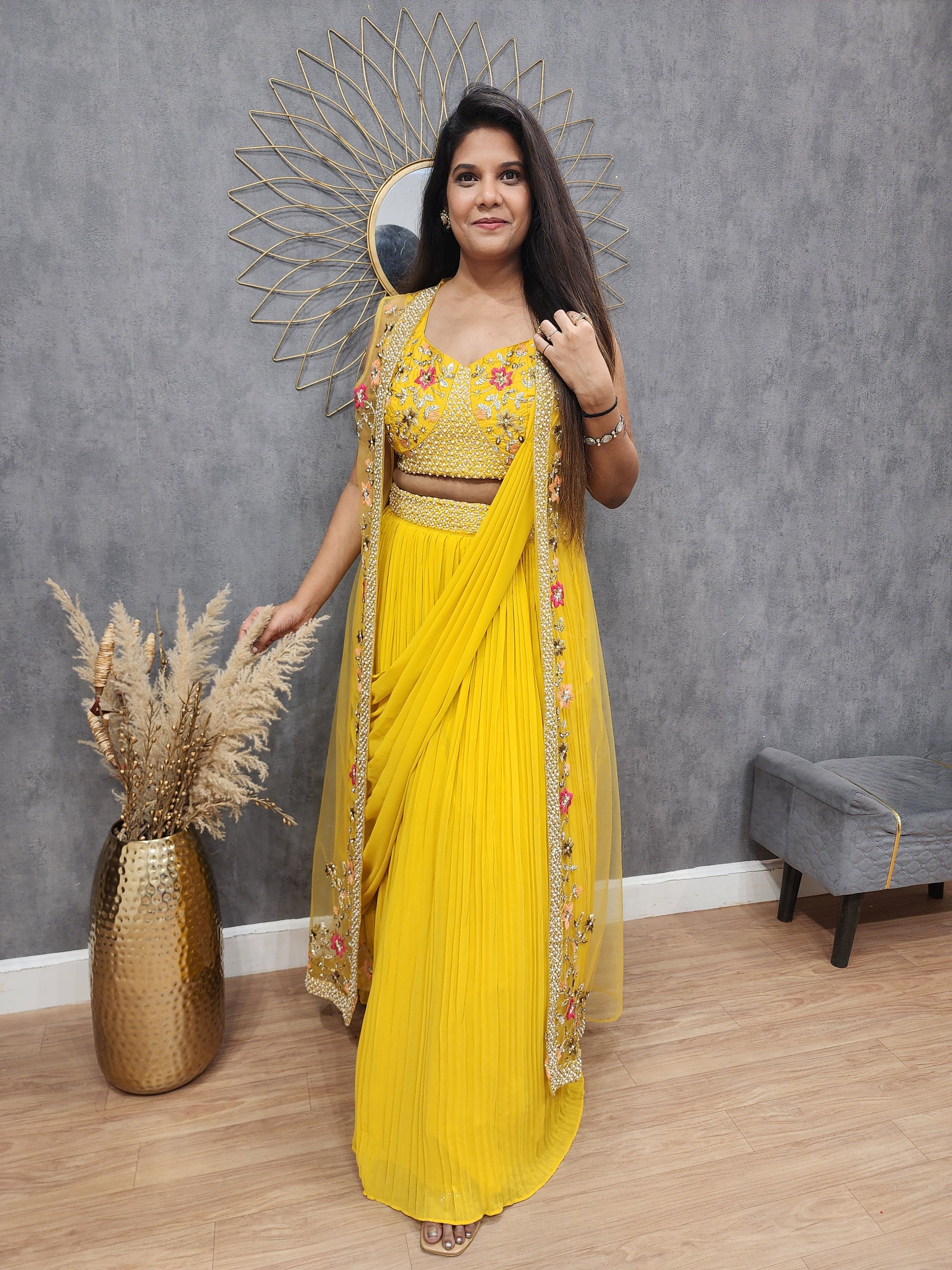 Simran yellow drape 3pc indowestern dress – MODERNSAHIBA