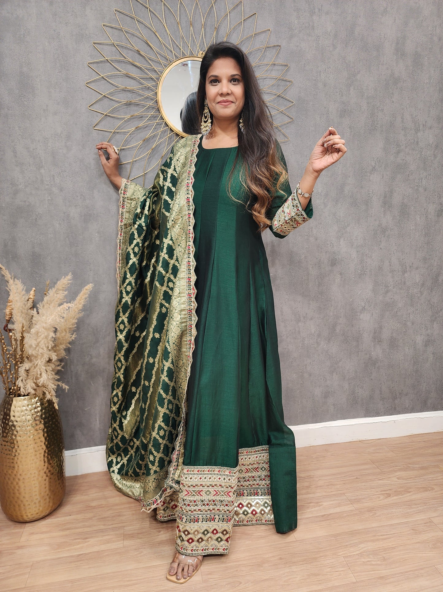 Green anarkali suit with weaving dupatta