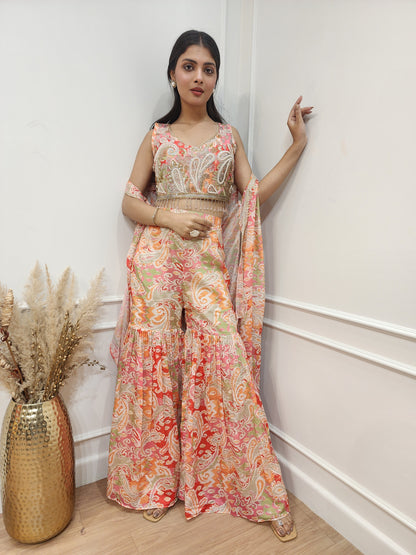 Orange printed 3pc indowestern cape dress