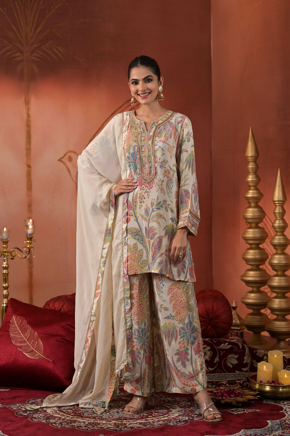 Digital print crepe ivory co-ord set with dupatta