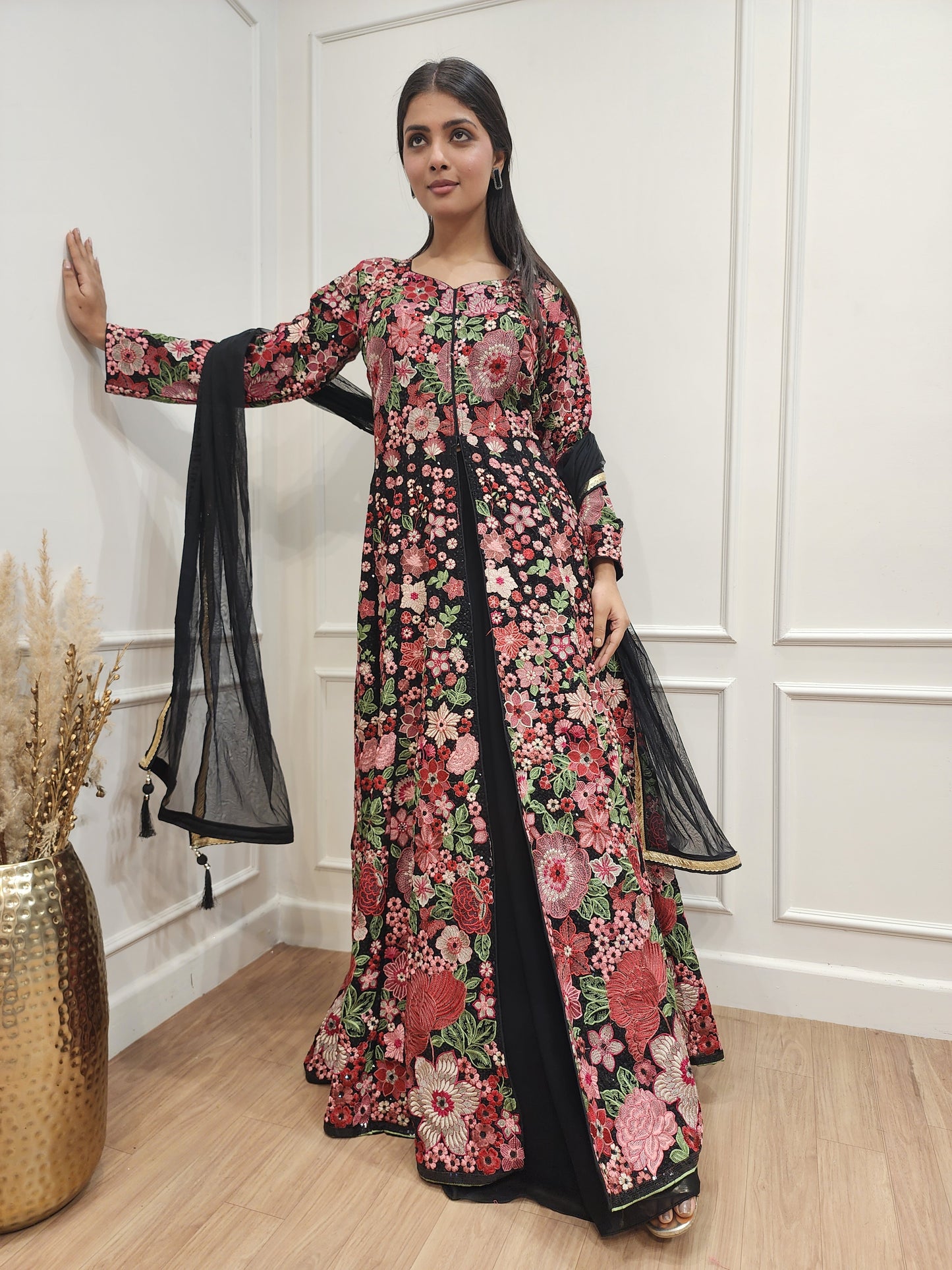 Aishwarya Black Centre slit Embroided indowestern dress