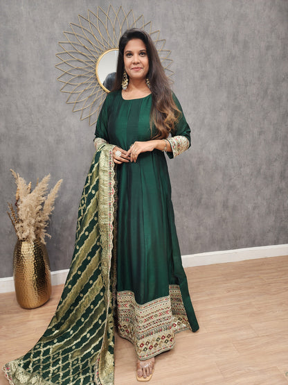 Green anarkali suit with weaving dupatta