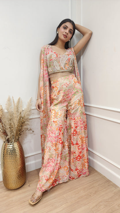 Orange printed 3pc indowestern cape dress