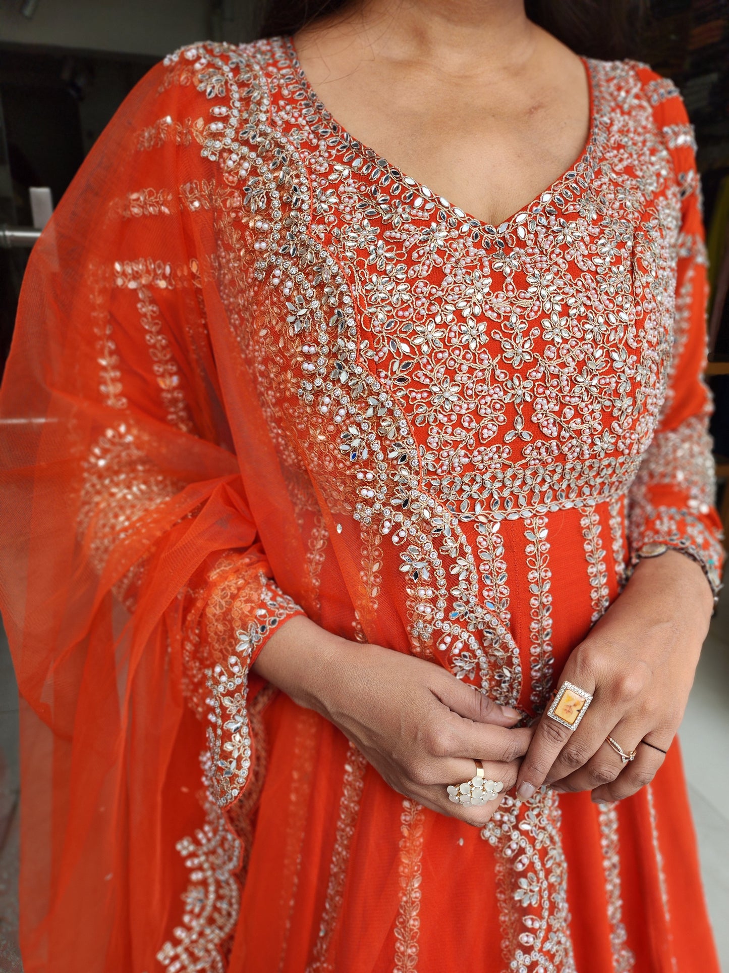 Mannat orange 3/4th anarkali suit with skirt and dupatta