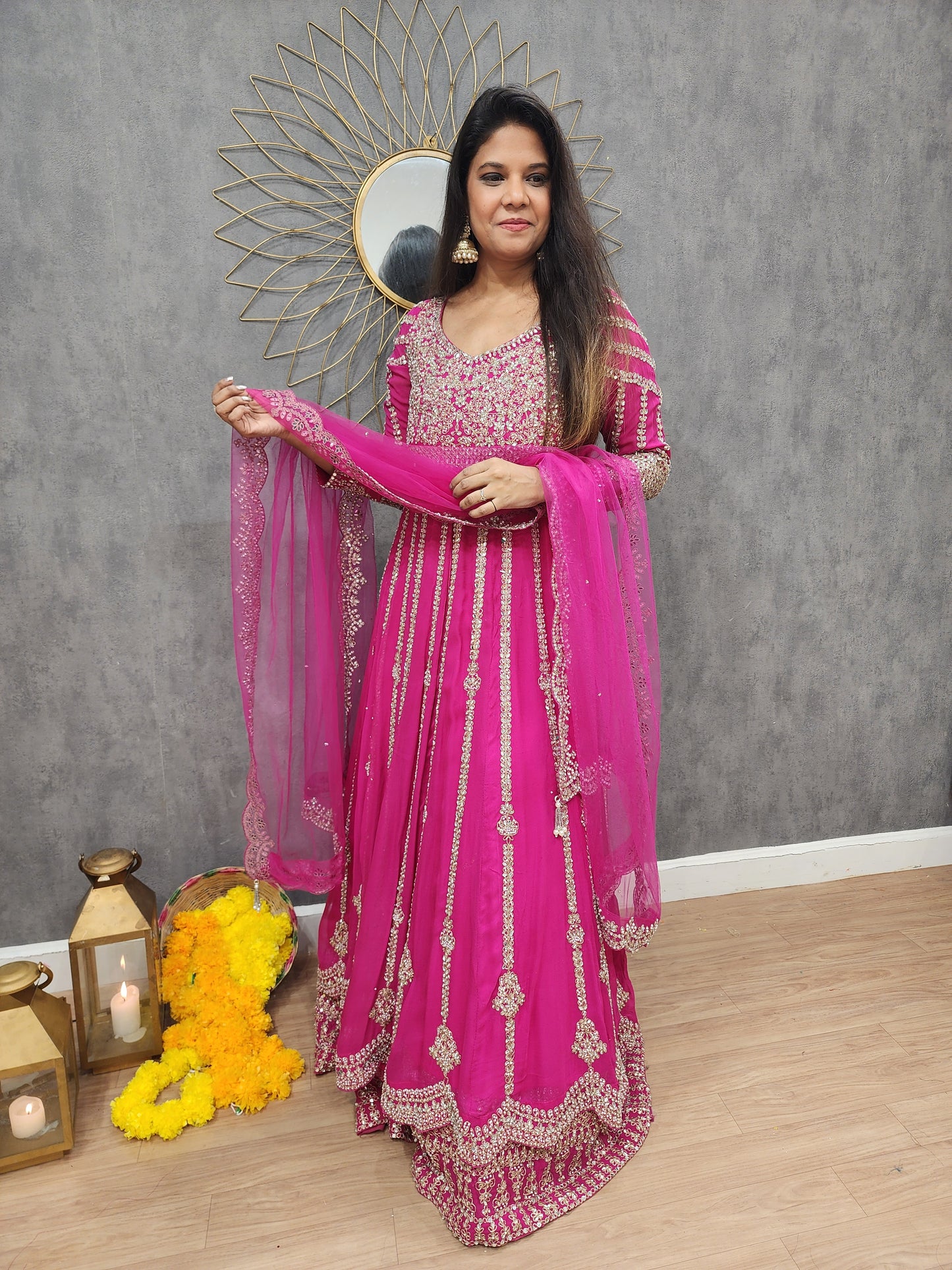 Mannat pink long anarkali with skirt indowestern suit