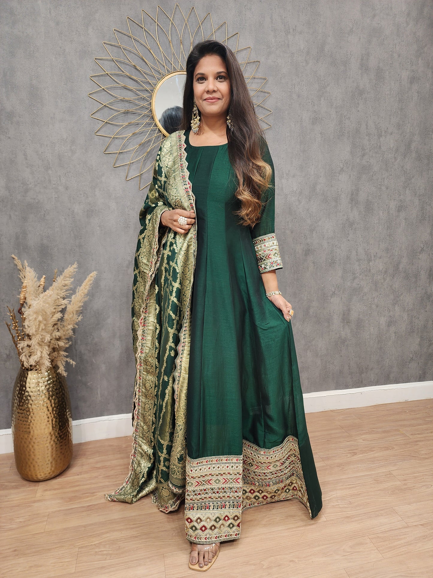 Green anarkali suit with weaving dupatta