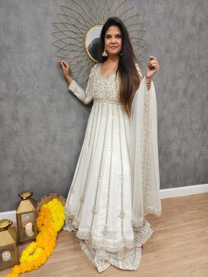 Mannat off white long anarkali with skirt indowestern suit