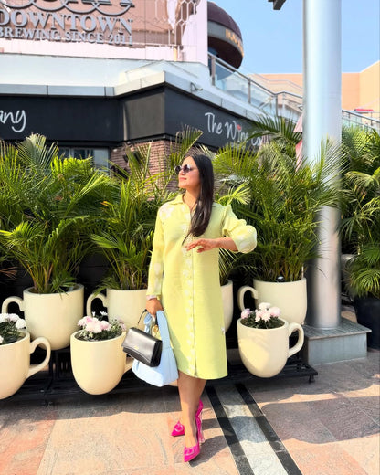 Wrinkled neon green one piece dress