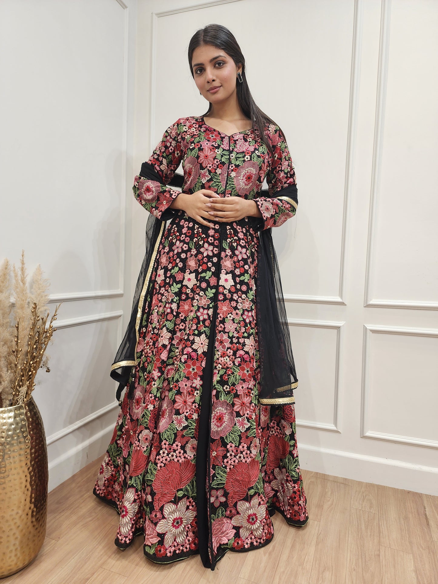 Aishwarya Black Centre slit Embroided indowestern dress