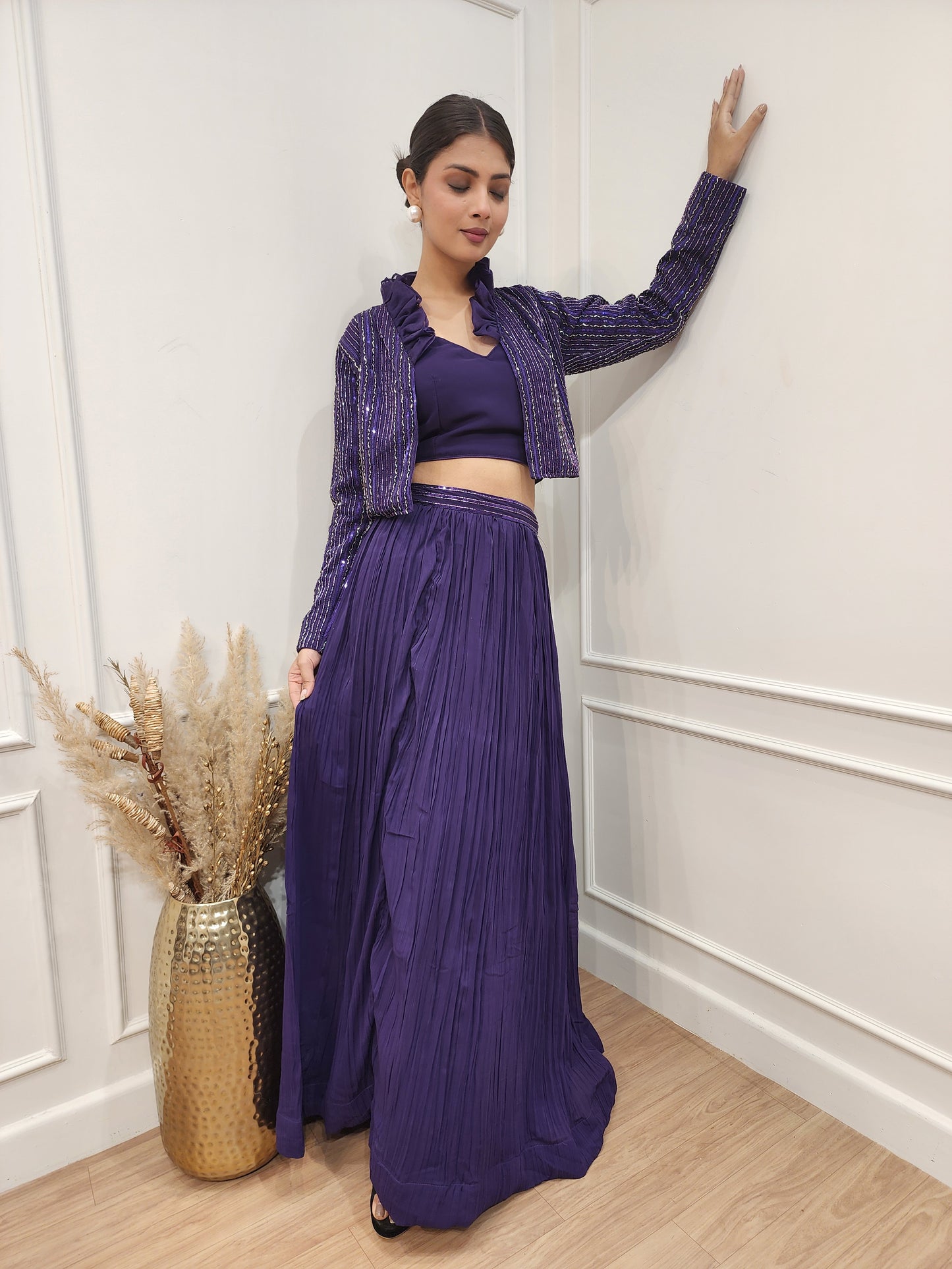 Purple 3pc short jacket indowestern dress