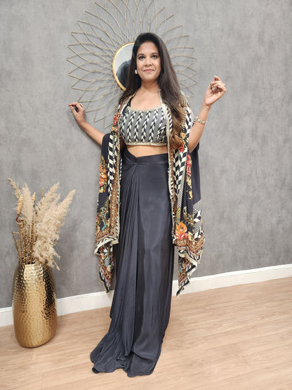 Black abstract print cape style 3pc indowestern set