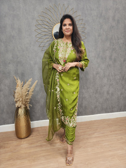 Mehendi green Embroided straight cut suit