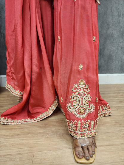 Rust orange Embroided straight sharara suit