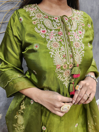 Mehendi green Embroided straight cut suit