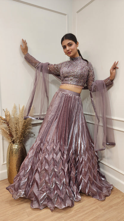 Meghna Mauve embellished jimmy choo pleated lehenga