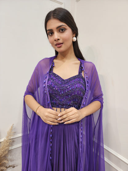 Dilbara purple 3pc indowestern cowl dress