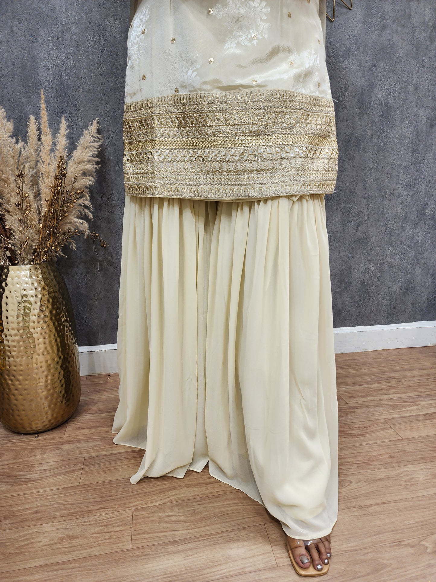 Shehnaaz off white step gajji sharara suit(seperate sleeves available)