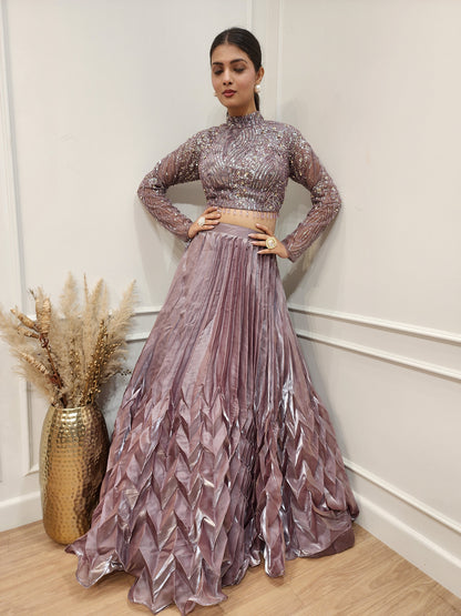 Meghna Mauve embellished jimmy choo pleated lehenga