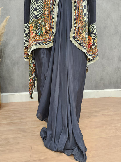 Black abstract print cape style 3pc indowestern set