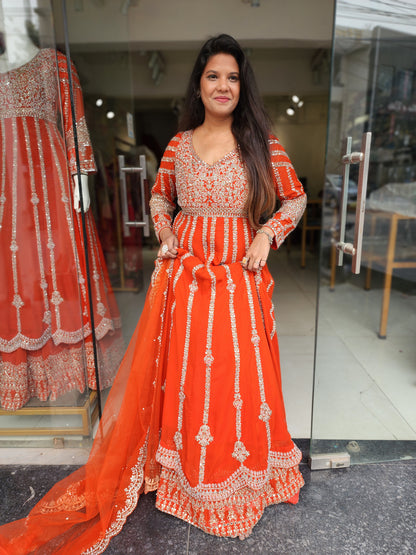 Mannat orange 3/4th anarkali suit with skirt and dupatta