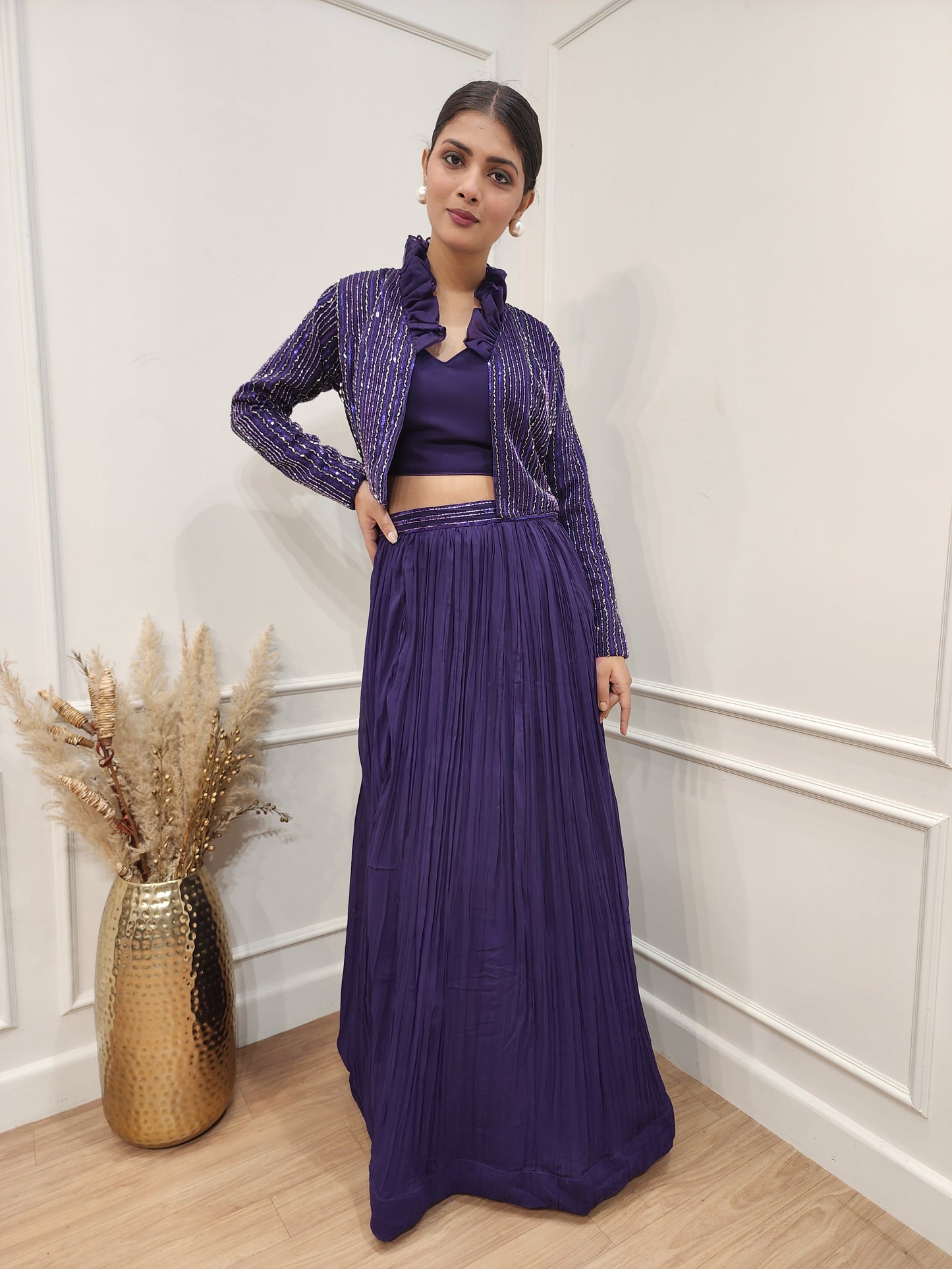 Purple 3pc short jacket indowestern dress