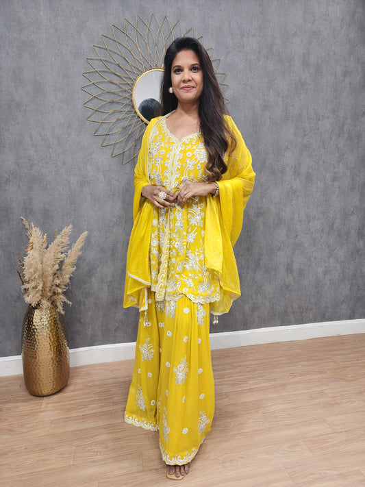 Shama Yellow Embroided Centre slit sharara suit