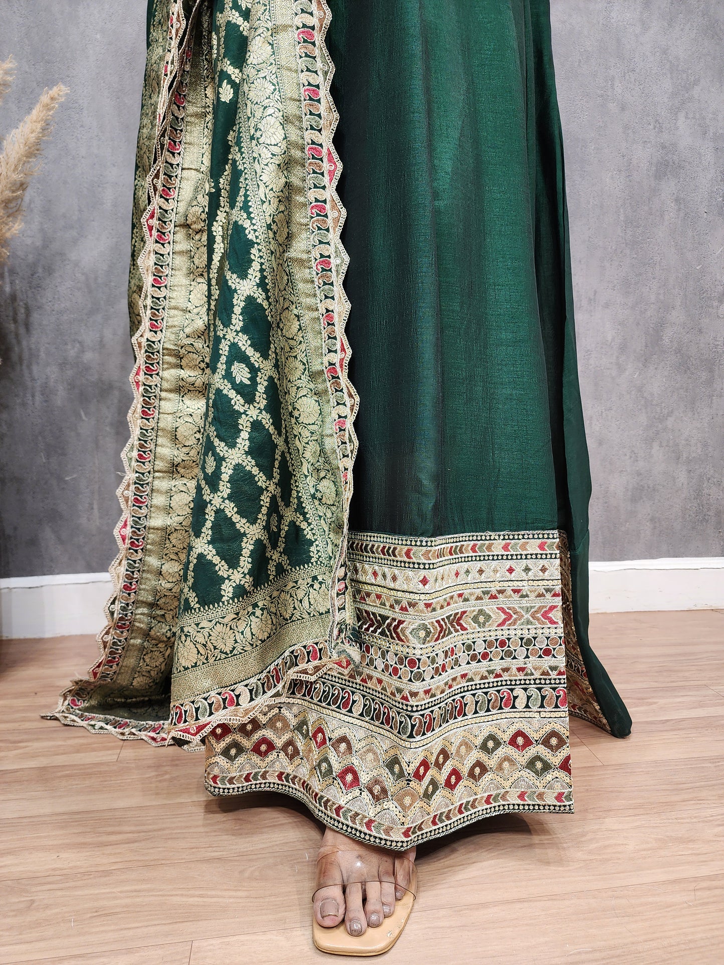 Green anarkali suit with weaving dupatta