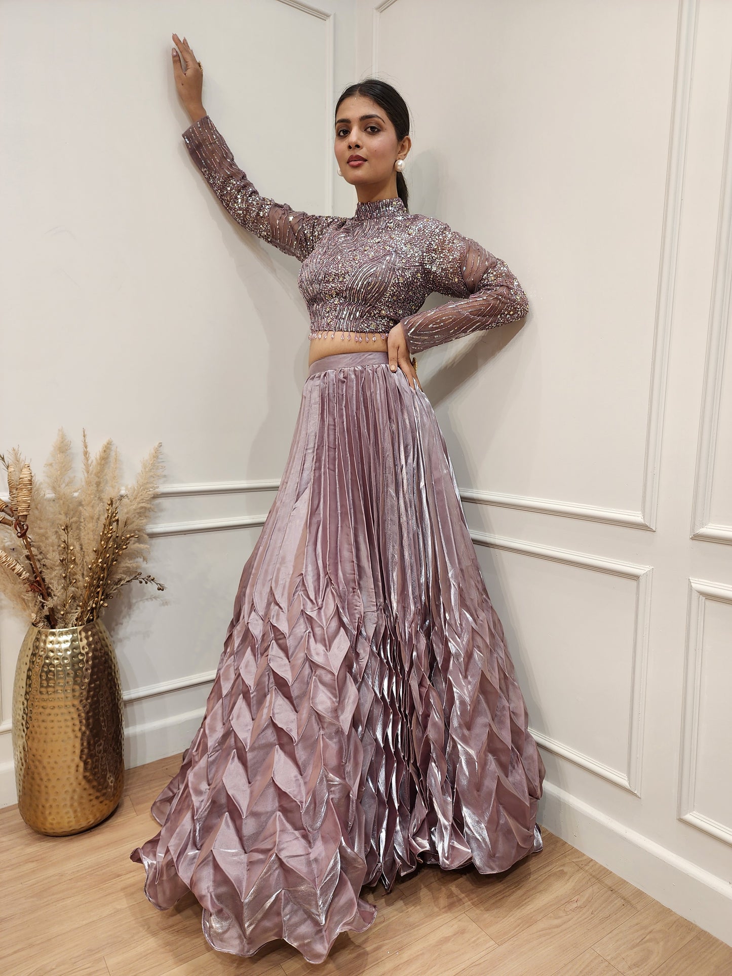 Meghna Mauve embellished jimmy choo pleated lehenga