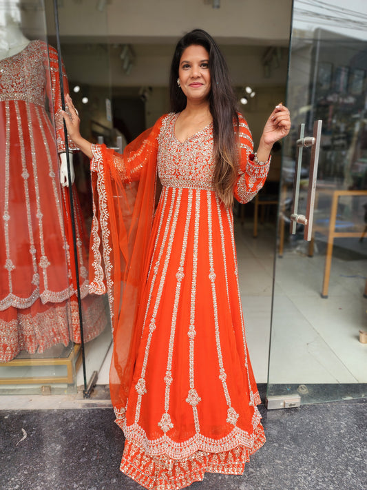 Mannat orange 3/4th anarkali suit with skirt and dupatta