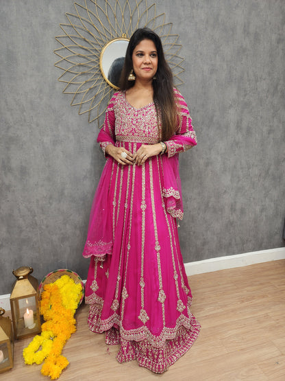 Mannat pink long anarkali with skirt indowestern suit