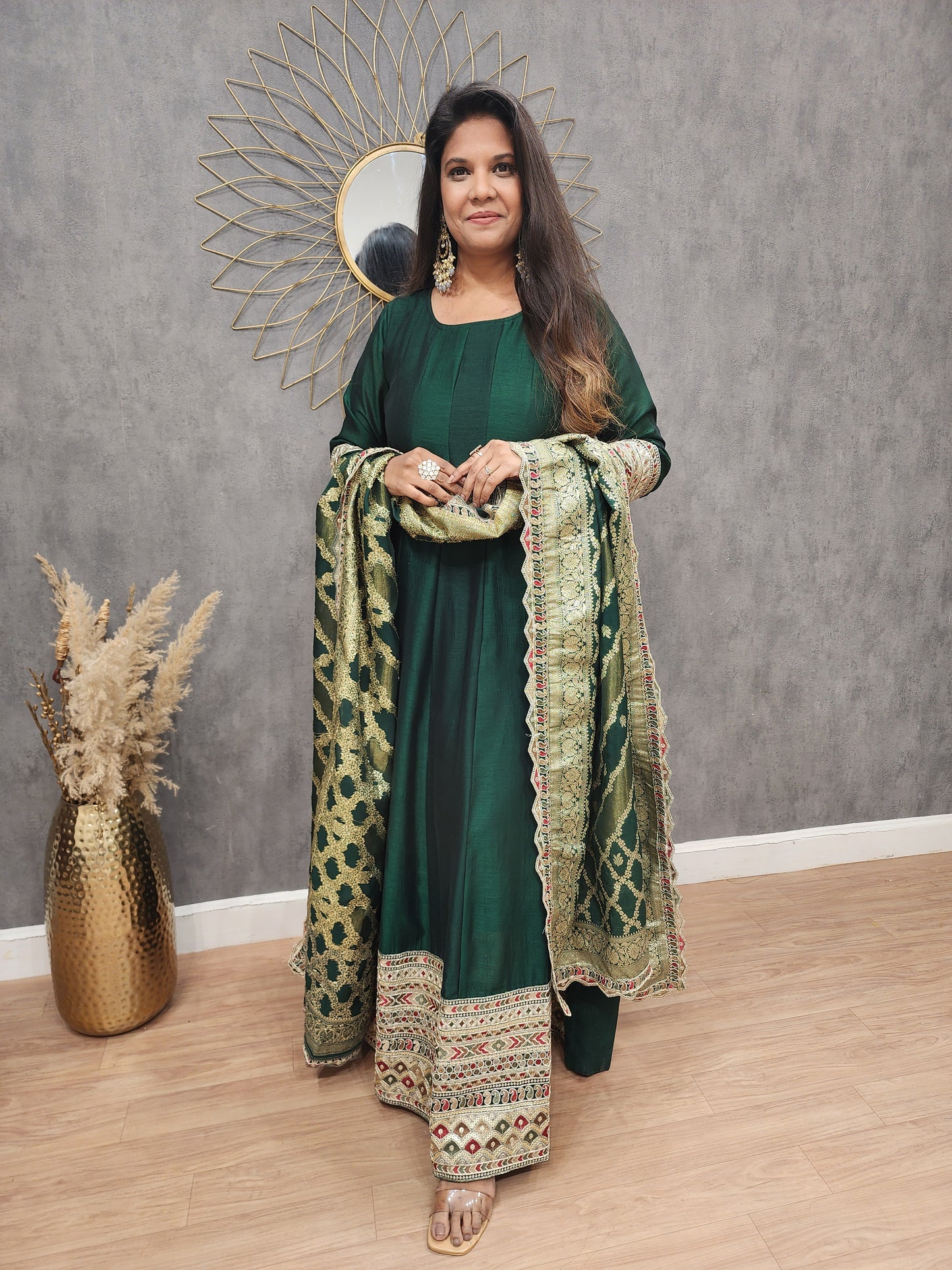 Green anarkali suit with weaving dupatta