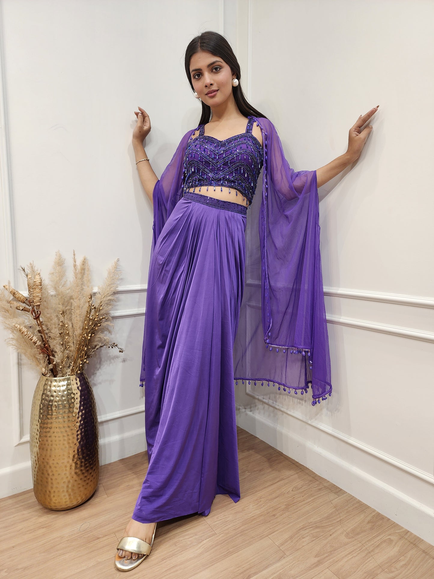 Dilbara purple 3pc indowestern cowl dress