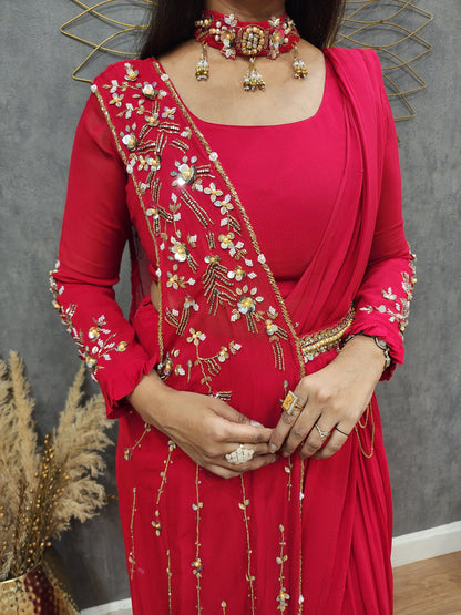 Meher Cherry Embroided drape saree with necklace