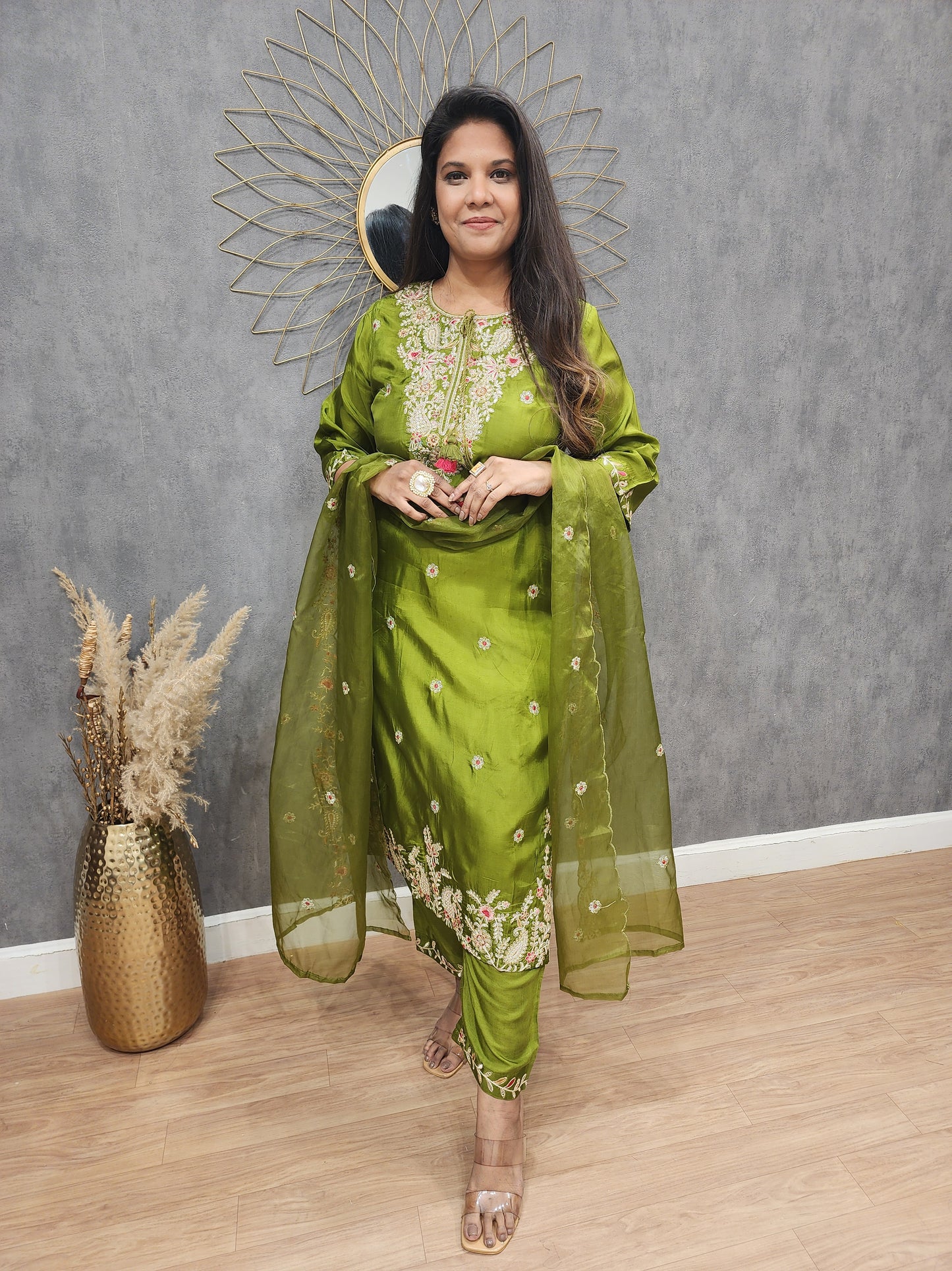 Mehendi green Embroided straight cut suit