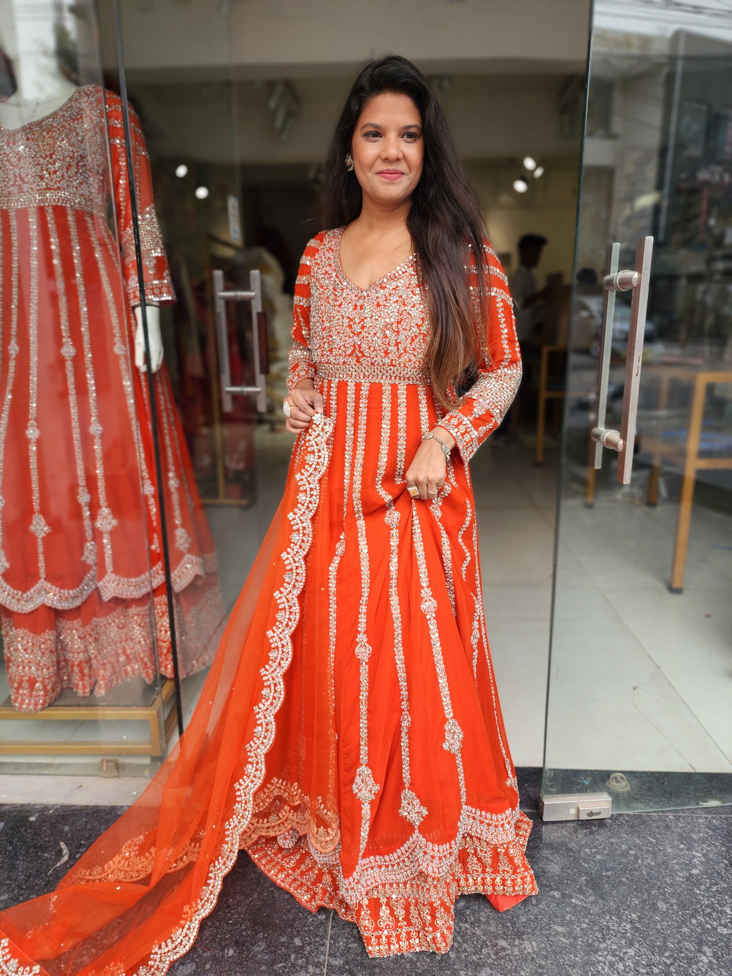 Mannat orange 3/4th anarkali suit with skirt and dupatta